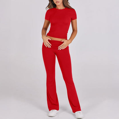 Casual Solid Color Slim Fit T-Shirt and Pants Set