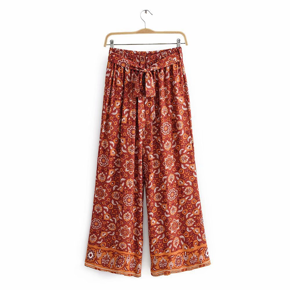 Boho Print Wide Leg Pants Elastic Waist Tie Trousers