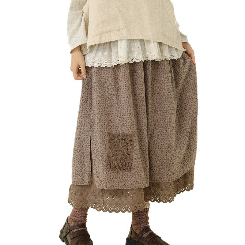 Floral Embroidered A-Line Midi Skirt Lightweight Casual Layered Skirt