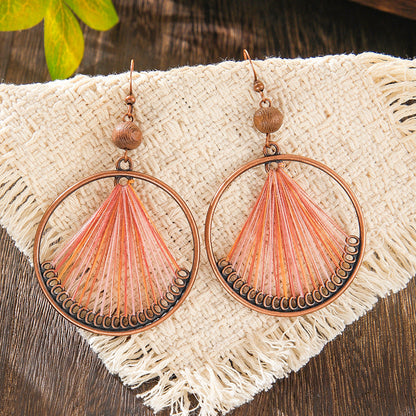 Bohemian Handcrafted Wire Earrings Colorful Thread Weaving Statement Dangle Earrings