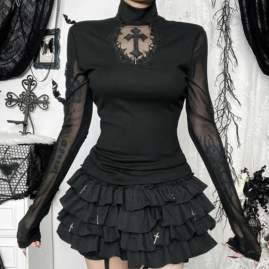 Black Mesh Long Sleeve Top With Cross Design