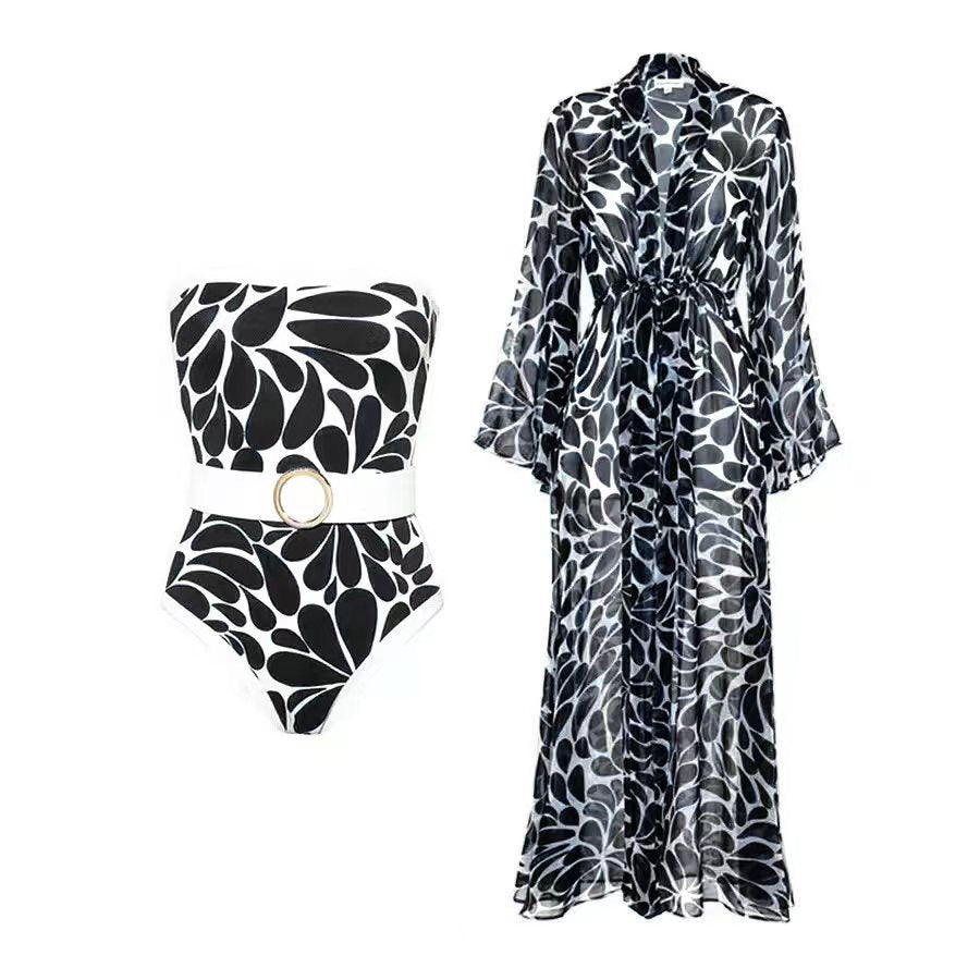 Vintage Print Strapless One Piece Swimwear with Cover
