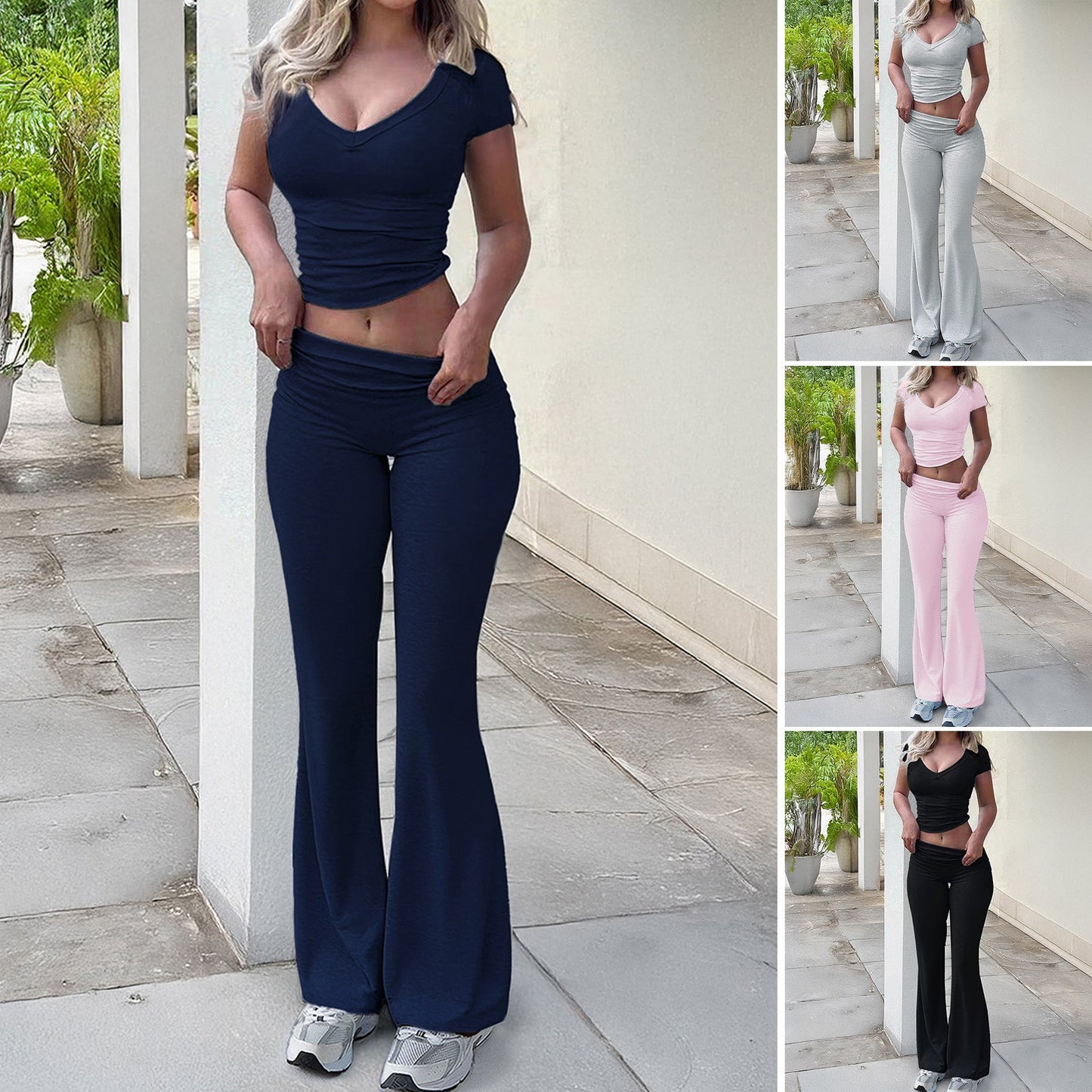 Casual Y2K Solid Color T-Shirt and Long Pants Set