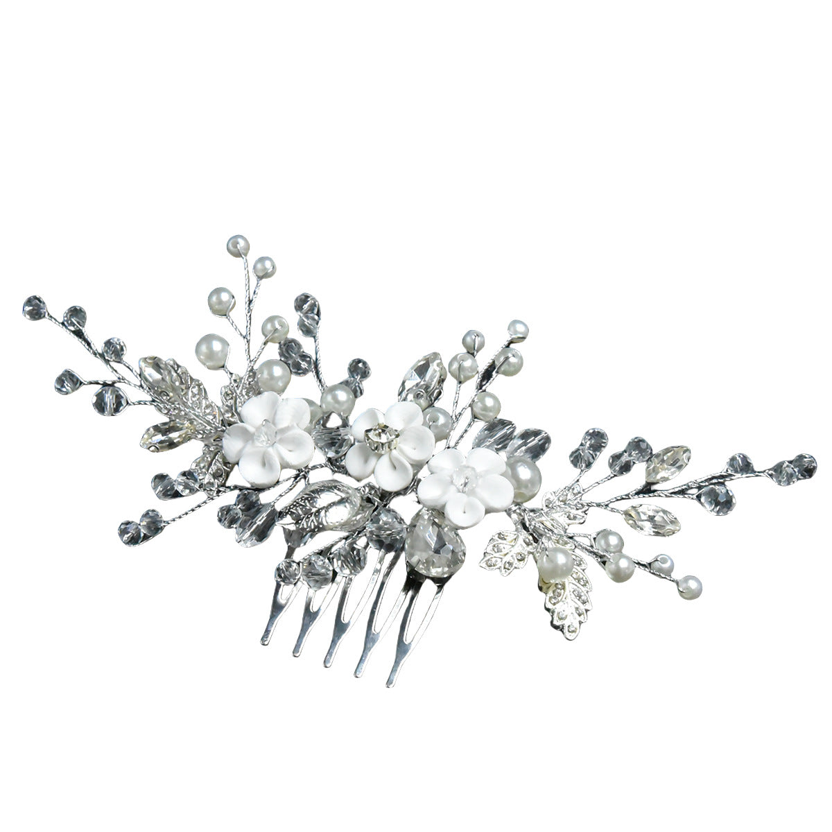 White Floral Bridal Hairpiece Handmade Crystal Beaded Comb