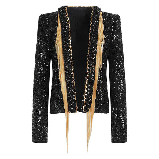 Chic Tassel Chain Sequin Blazer Jacket