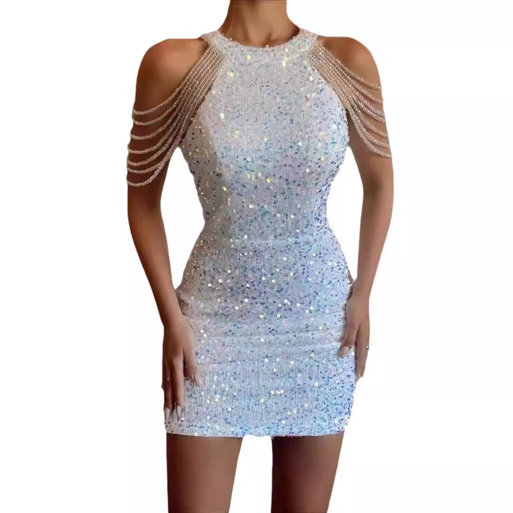 Sleek Crystal Chain Midi Dress With Sequins In Solid Colors