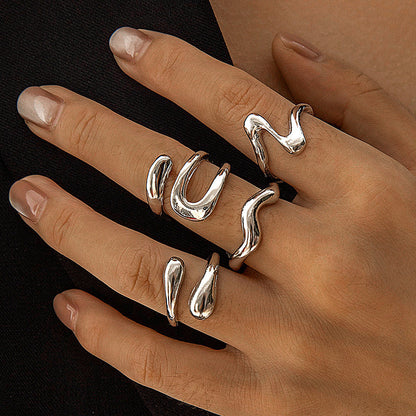 Geometric Metal Lava Line Open Ring Set - 4 Pieces