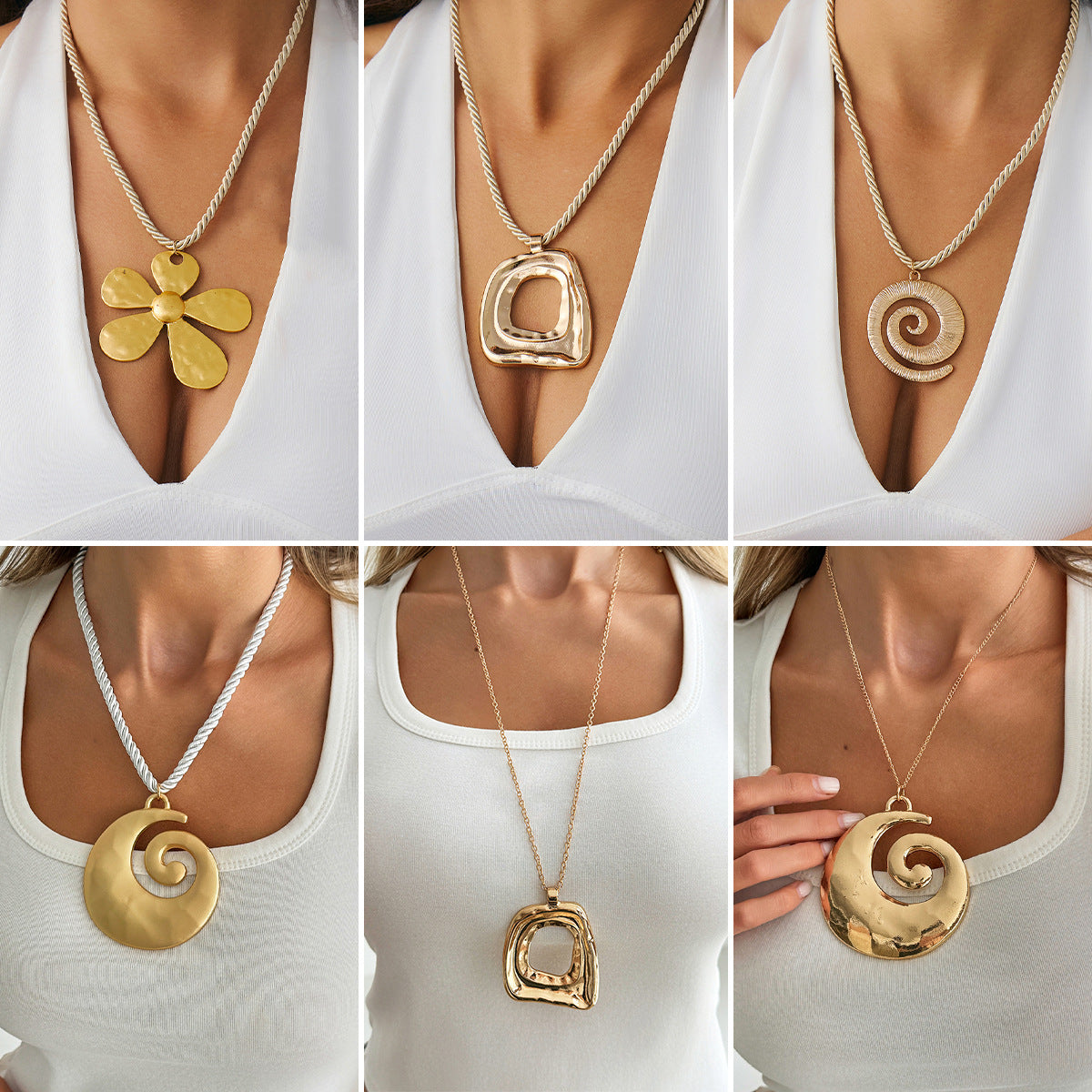 Exaggerated Metal Texture Five-Petal Flower Pendant Necklace Geometric Design