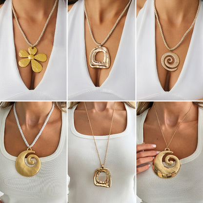 Exaggerated Metal Texture Five-Petal Flower Pendant Necklace Geometric Design