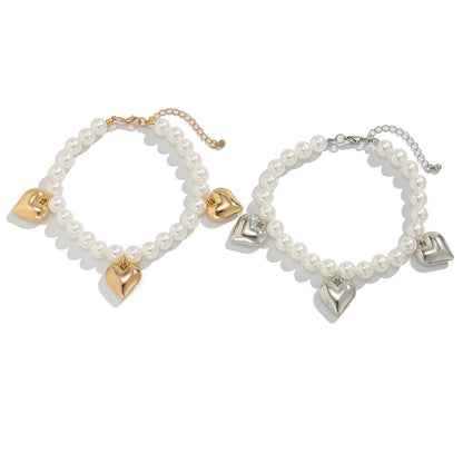 Trendy Pearl Beaded Anklet With Heart Pendant And Tassels