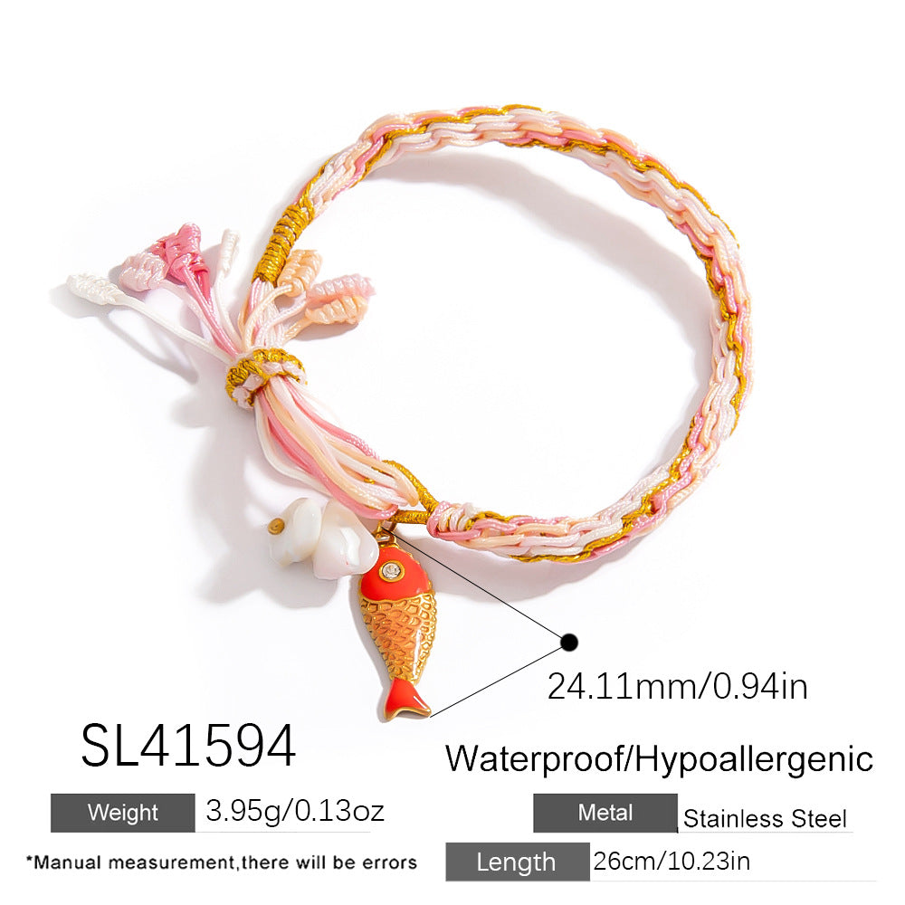 Colorful Hand-Woven Tassel Bracelet with 18K Gold Shell Pendant