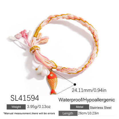 Colorful Hand-Woven Tassel Bracelet with 18K Gold Shell Pendant