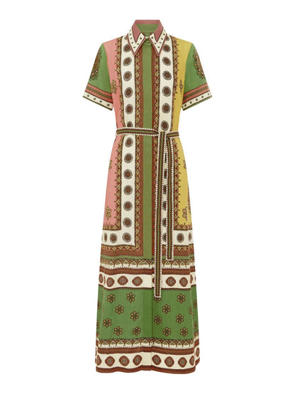 Elegant Floral Linen Midi Dress with Waist Tie