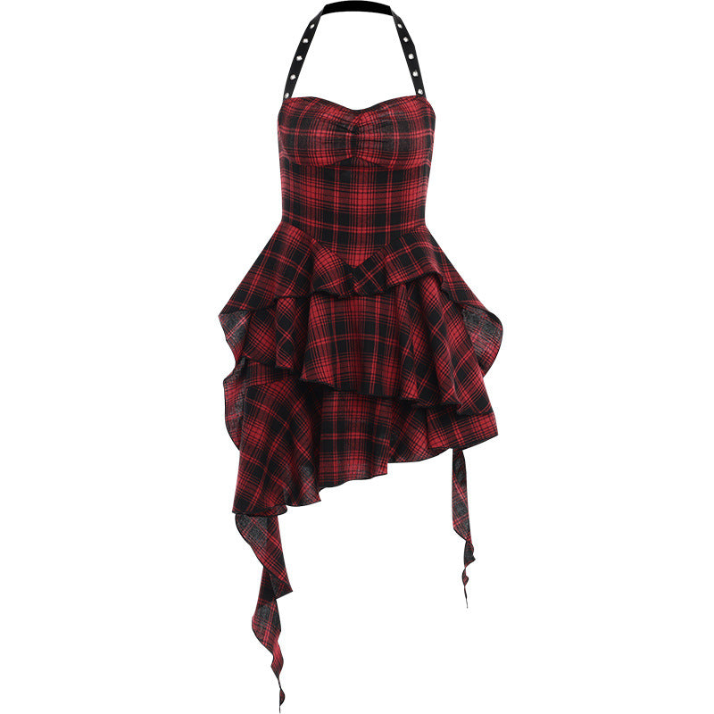 Backless Red Checkered Bodycon Dress