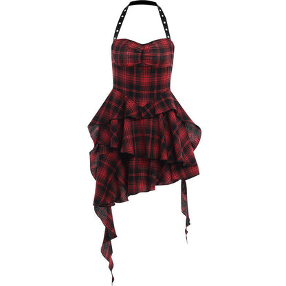 Backless Red Checkered Bodycon Dress