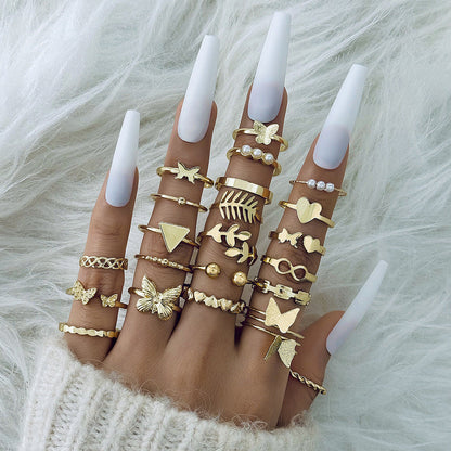 Trendy Leaf Heart Rings Geometric Pearl Joint Stacking Ring Set