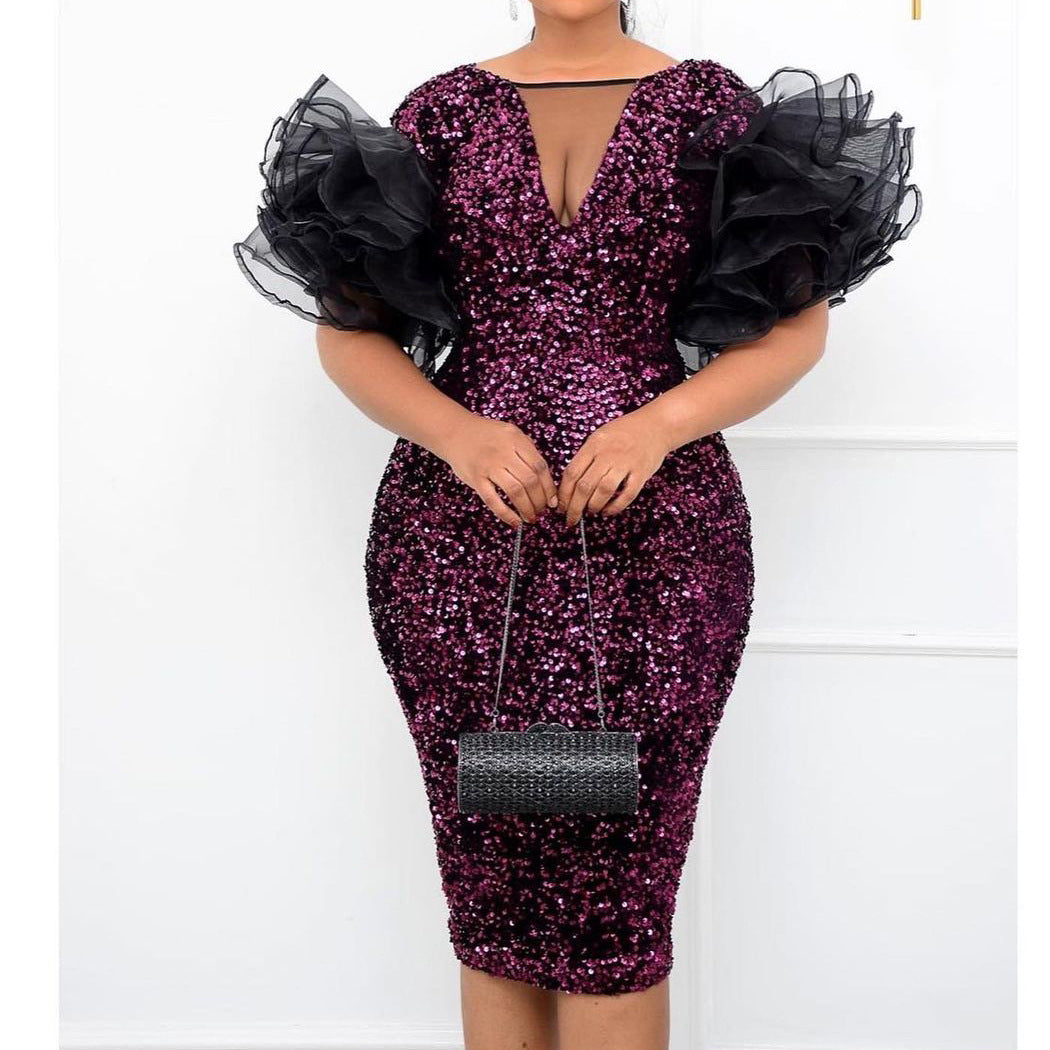 New Velvet Sequin Mesh Stitching Package Hip Dress Skirt Dress