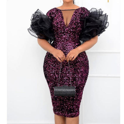 New Velvet Sequin Mesh Stitching Package Hip Dress Skirt Dress