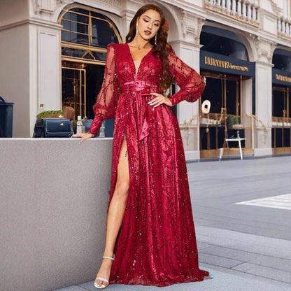Sequin Maxi Dress with V-Neck and Strap Design