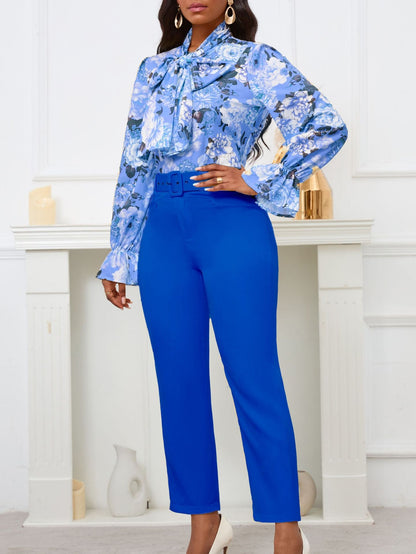 Fashion Floral Long Sleeve Top And High Waist Pants Set