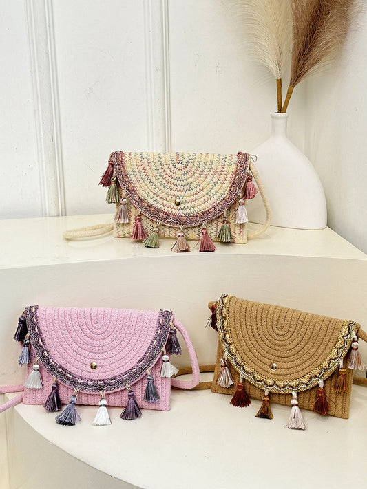 Bohemian Style Fringe Straw Crossbody Bag