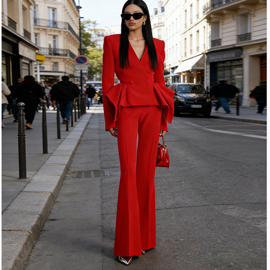 Stylish Ruffled Top Jacket And Flared Pants Set