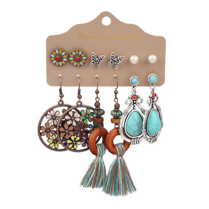 Vintage Lantern Flower Long Earrings Turquoise Boho Jewelry Set