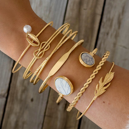 Vintage Geometric Open-Cuff Gold Bracelet Set