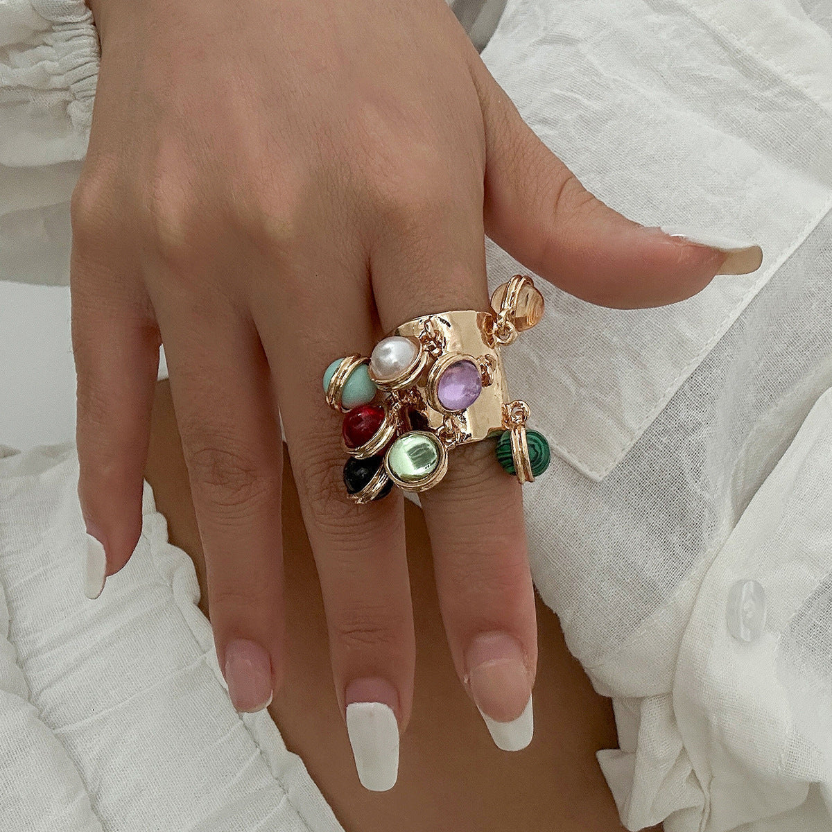 Bohemian Heart Shaped Gemstone Pearl Tassel Ring For Women