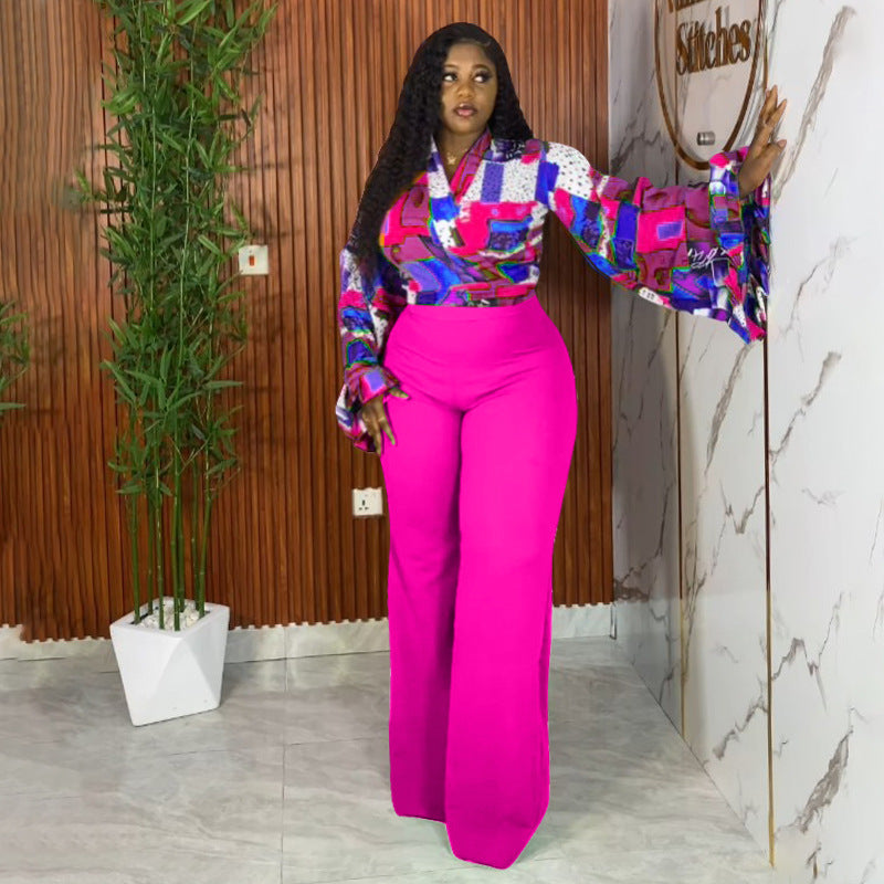 Floral Print Bell Sleeve Top And Wide-Leg Pants Set