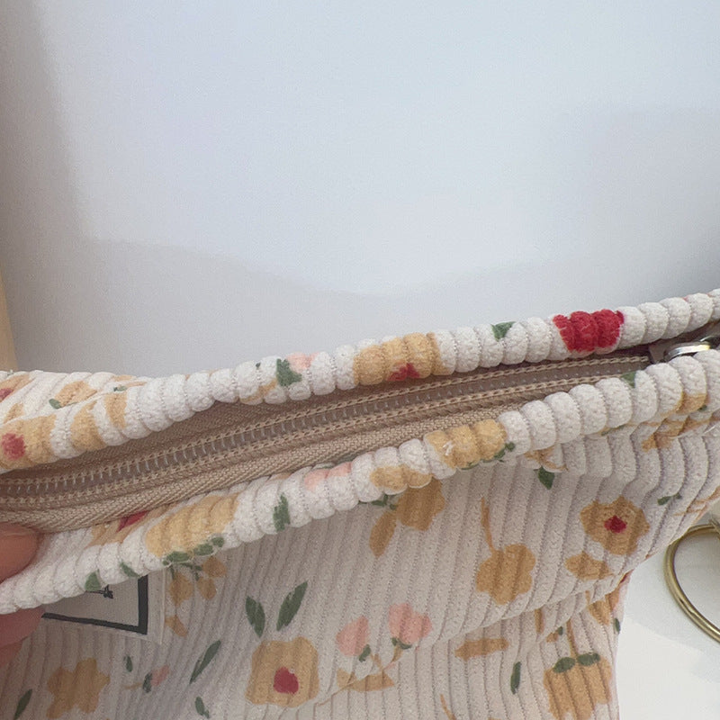 Floral Corduroy Makeup Bag Portable Travel Pouch