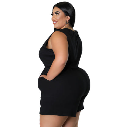 Plus Size V-Neck Solid Color Sleeveless Jumpsuit With Pockets