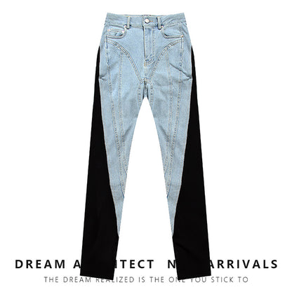 High-Waisted Slim Fit Denim Jeans Color-Block Street Style