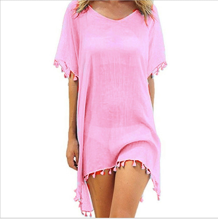 Crewneck Chiffon Fringed Dress Loose Fit Beach Blouse