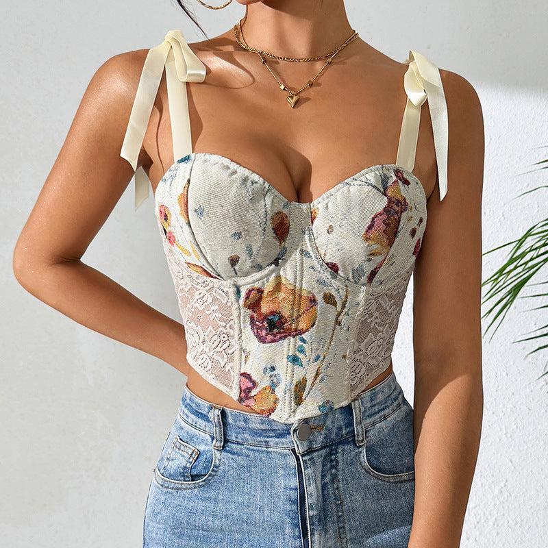 Sexy Floral Print Corset Crop Top With Adjustable Straps
