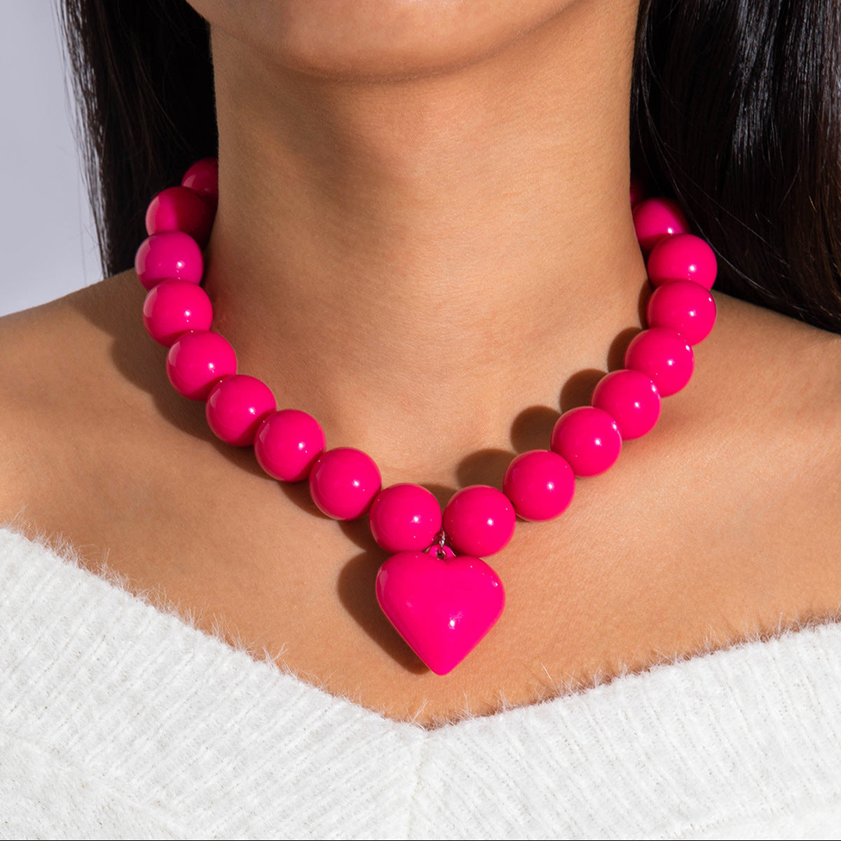 Personalized Chunky Bead Heart Pendant Necklace For Women