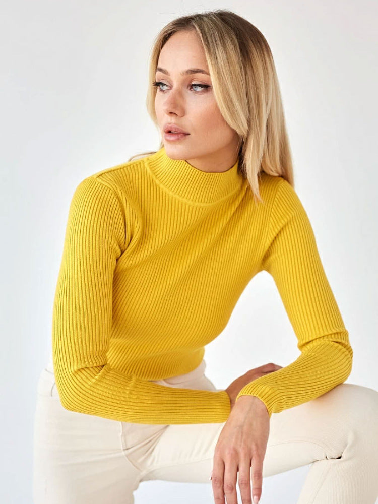 Solid Color Mock Neck Sweater Women Trendy Slim Fit Long Sleeve