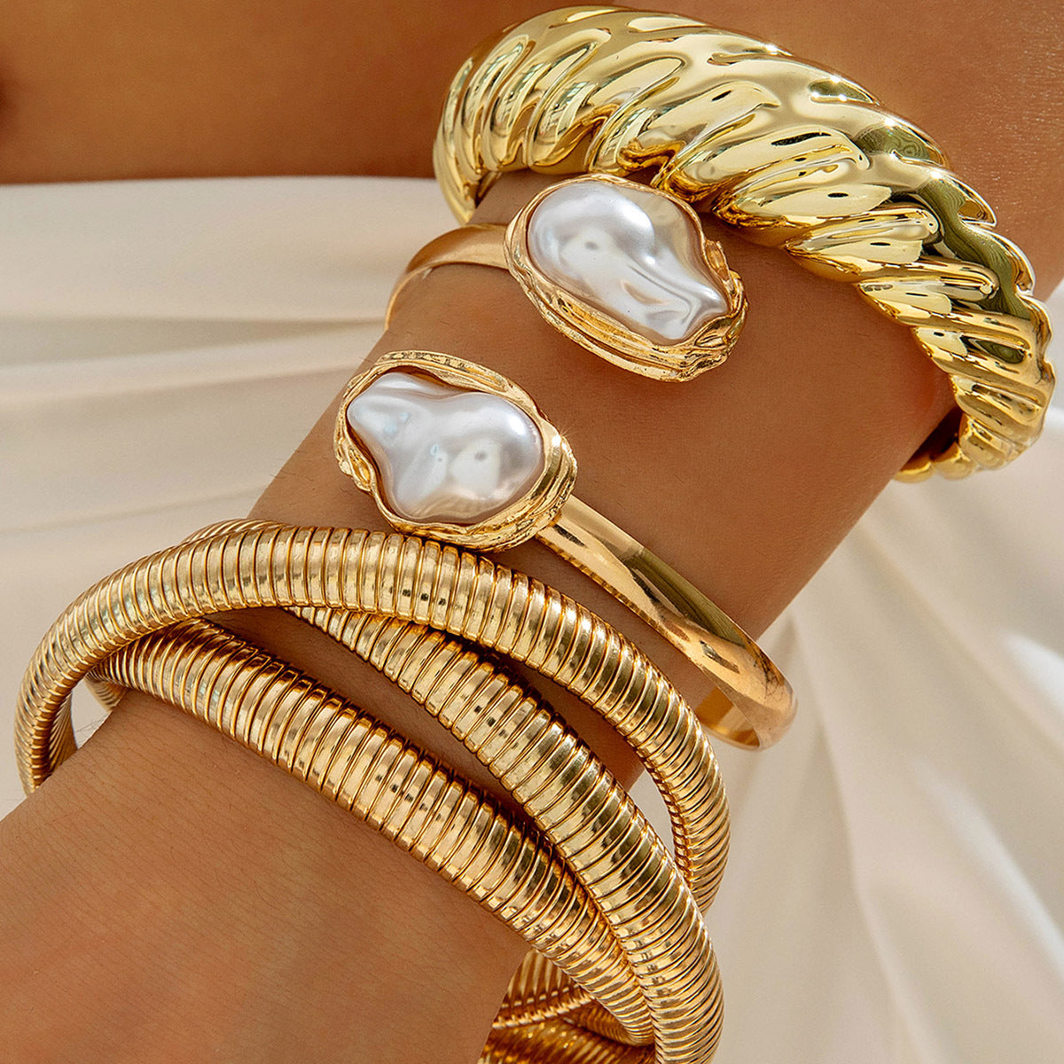 Layered Geometric Statement Cuff Bracelet Set