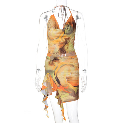 Sexy Backless Tie-Up Dress Trendy Floral Milk Silk Dress