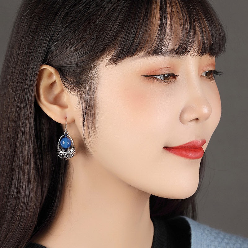 Ethnic Style Earrings Blue Agate Silver Earrings Retro Tibetan Style With Cheongsam Sterling Silver Earrings