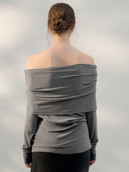 French Off-Shoulder Long Sleeve Top Stylish Knitted T-Shirt