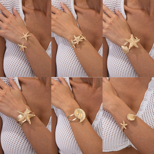Starfish and Seashell Open Bangle Bracelet for Women