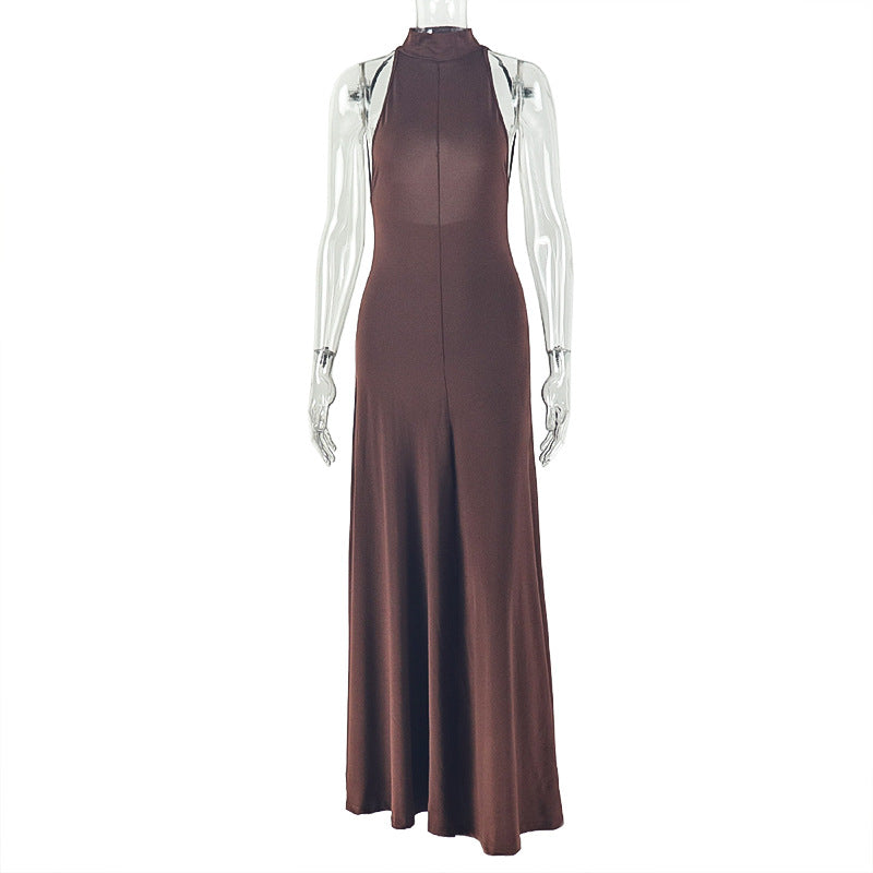 Elegant A-Line Long Dress Sleeveless Round Neck Solid Color