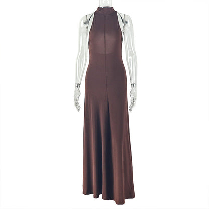 Elegant A-Line Long Dress Sleeveless Round Neck Solid Color