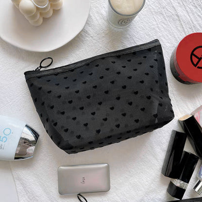 Black Heart Velvet Mesh Makeup Organizer Bag