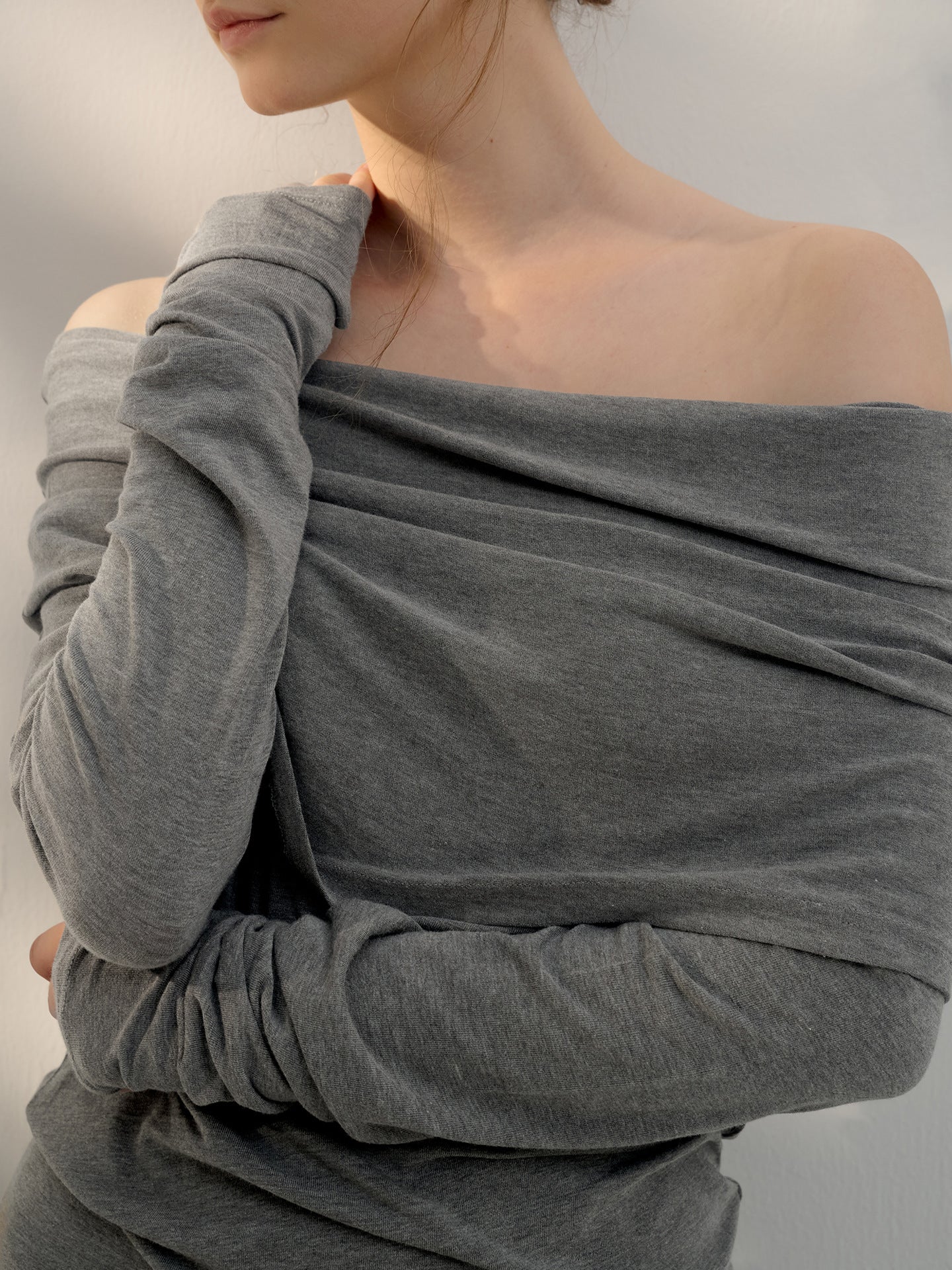 French Off-Shoulder Long Sleeve Top Stylish Knitted T-Shirt