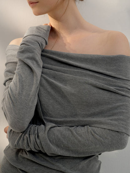 French Off-Shoulder Long Sleeve Top Stylish Knitted T-Shirt