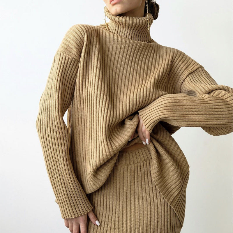 Ribbed Knit Turtleneck Sweater Midi Skirt Set