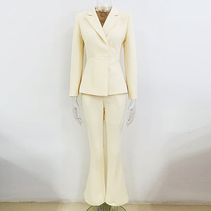 Cream Buttoned Blazer Pantsuit Set