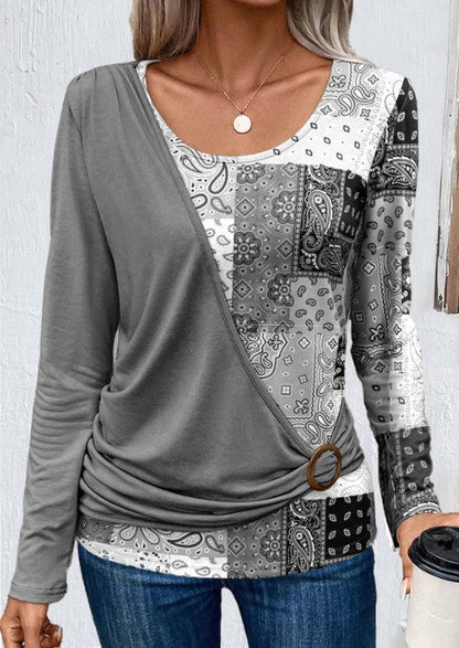 Autumn Printing Solid Color Stitching Casual Long-Sleeved Knitted T-Shirt